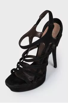 Black suede stiletto heel sandals