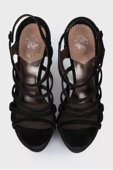 Black suede stiletto heel sandals