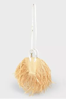 Wicker bag with white handles and belt
