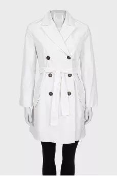 Cropped white double-breasted trench coat