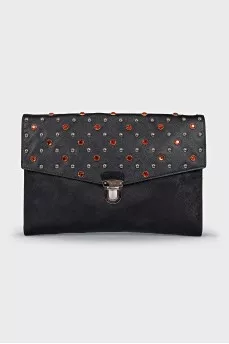Black leather clutch with crystals