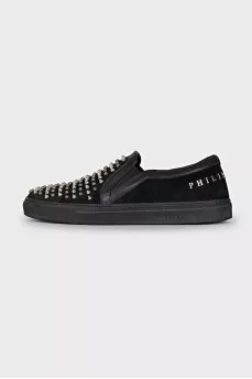 Men's suede slip-ons with metal decor