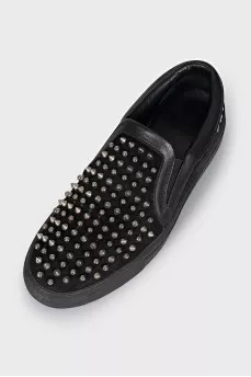 Men's suede slip-ons with metal decor