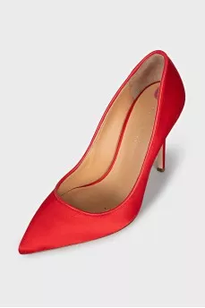 Red satin pumps
