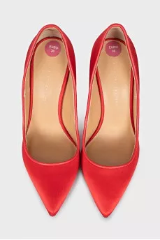 Red satin pumps