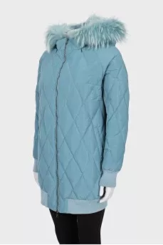 Down jacket with raccoon fur trim