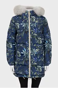 Blue down jacket with floral print