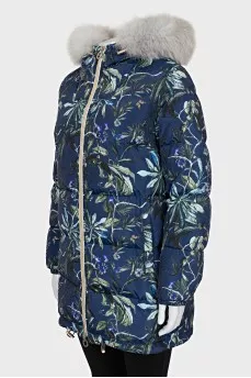 Blue down jacket with floral print