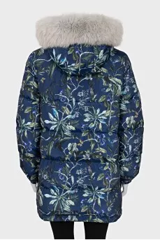 Blue down jacket with floral print