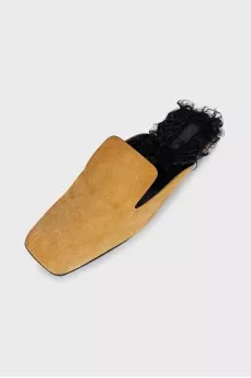 Suede mules with fur trim
