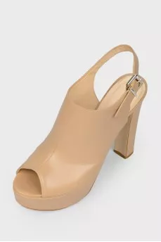 Beige Leather Heeled Sandals