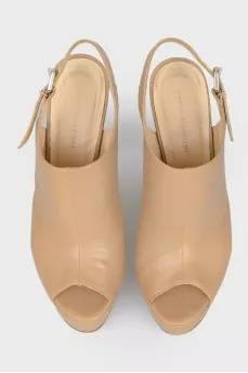 Beige Leather Heeled Sandals