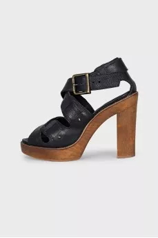 Black leather heeled sandals