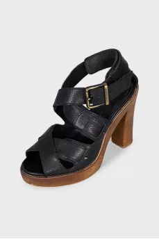 Black leather heeled sandals