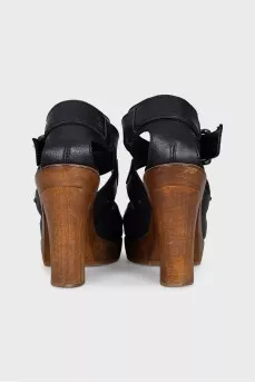 Black leather heeled sandals