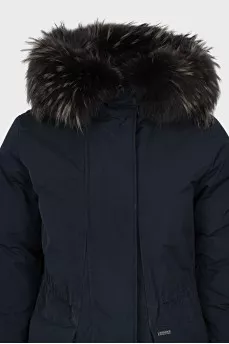 Blue down jacket with fur trim