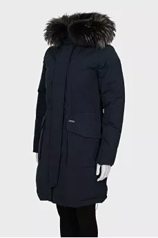 Blue down jacket with fur trim