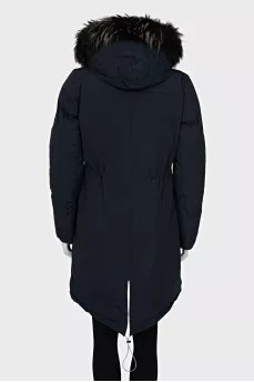 Blue down jacket with fur trim