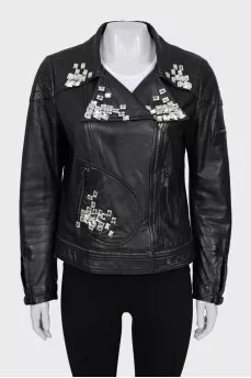 Leather jacket with crystals