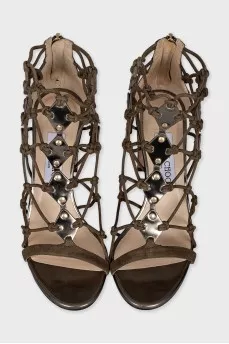 Leather heeled sandals with a braided upper