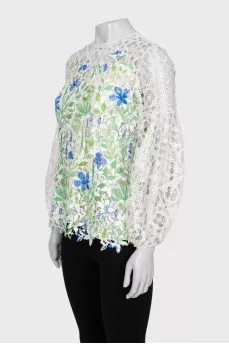 Lace blouse with floral print