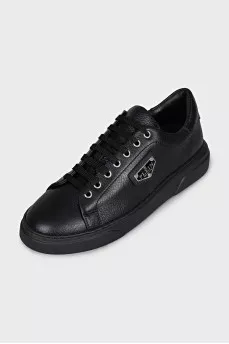 Men's black leather sneakers with tag