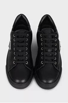 Men's black leather sneakers with tag