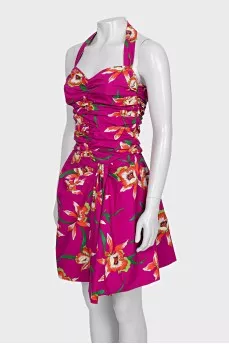 Printed dress with gathers at the front