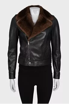 Leather jacket decorated with mink fur