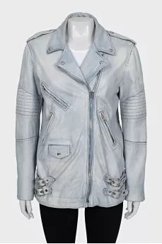 Light blue leather jacket with a zipper