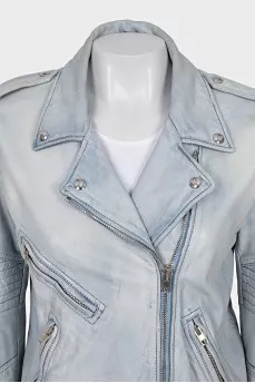 Light blue leather jacket with a zipper