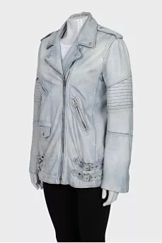 Light blue leather jacket with a zipper