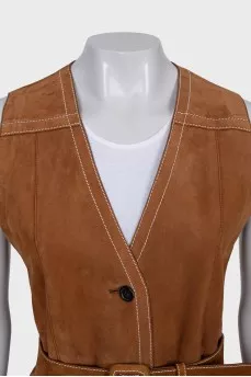 Suede long vest with belt