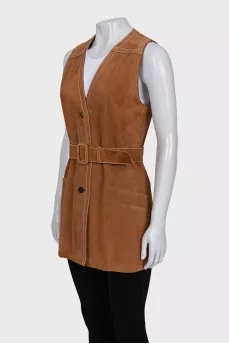 Suede long vest with belt