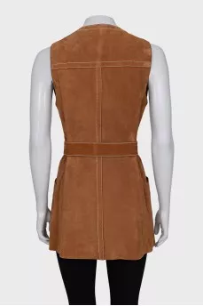 Suede long vest with belt