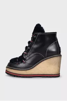 Leather lace-up wedge ankle boots