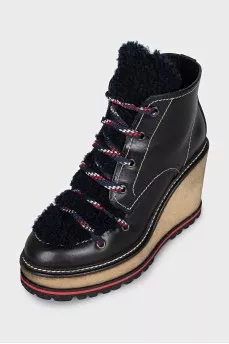 Leather lace-up wedge ankle boots