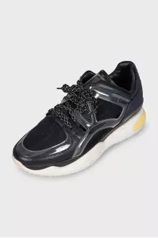 Leather and textile sneakers with a high sole