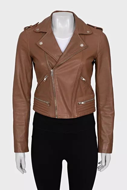 Brown leather jacket with a zipper