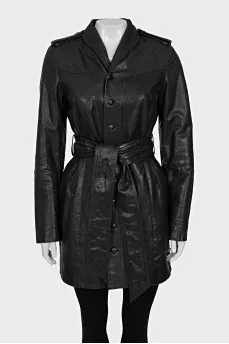 Black leather coat with a belt