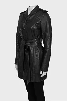 Black leather coat with a belt