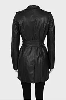 Black leather coat with a belt