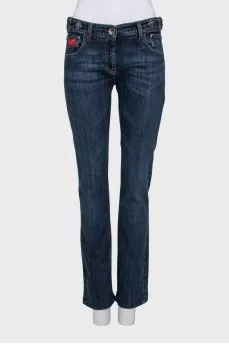 Blue straight-leg jeans with silver logo
