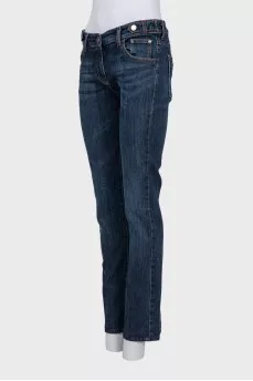 Blue straight-leg jeans with silver logo