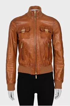 Leather jacket with patch pockets