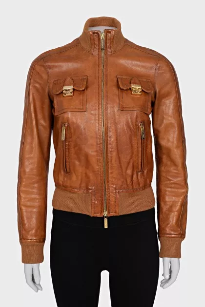 Leather jacket with patch pockets