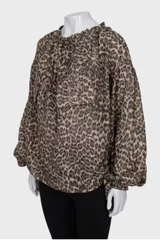 Oversized silk blouse with animal print