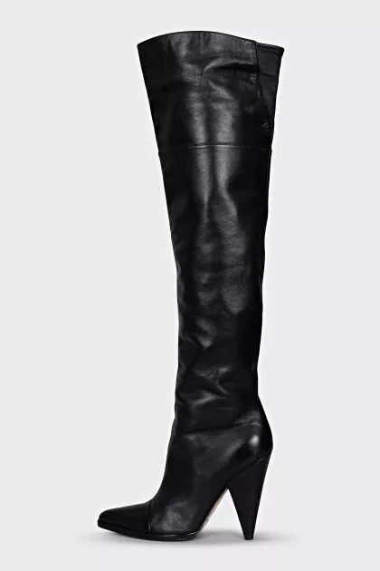 Leather over-the-knee boots with a slanted heel