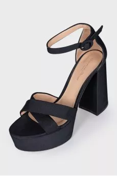 Black textile heeled sandals