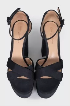 Black textile heeled sandals